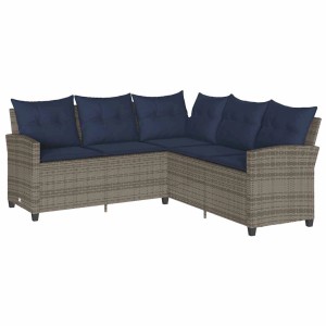 L-förmiges vidaXL Couchsofa aus grauem Polyrattan mit blauen Kissen für den Garten.