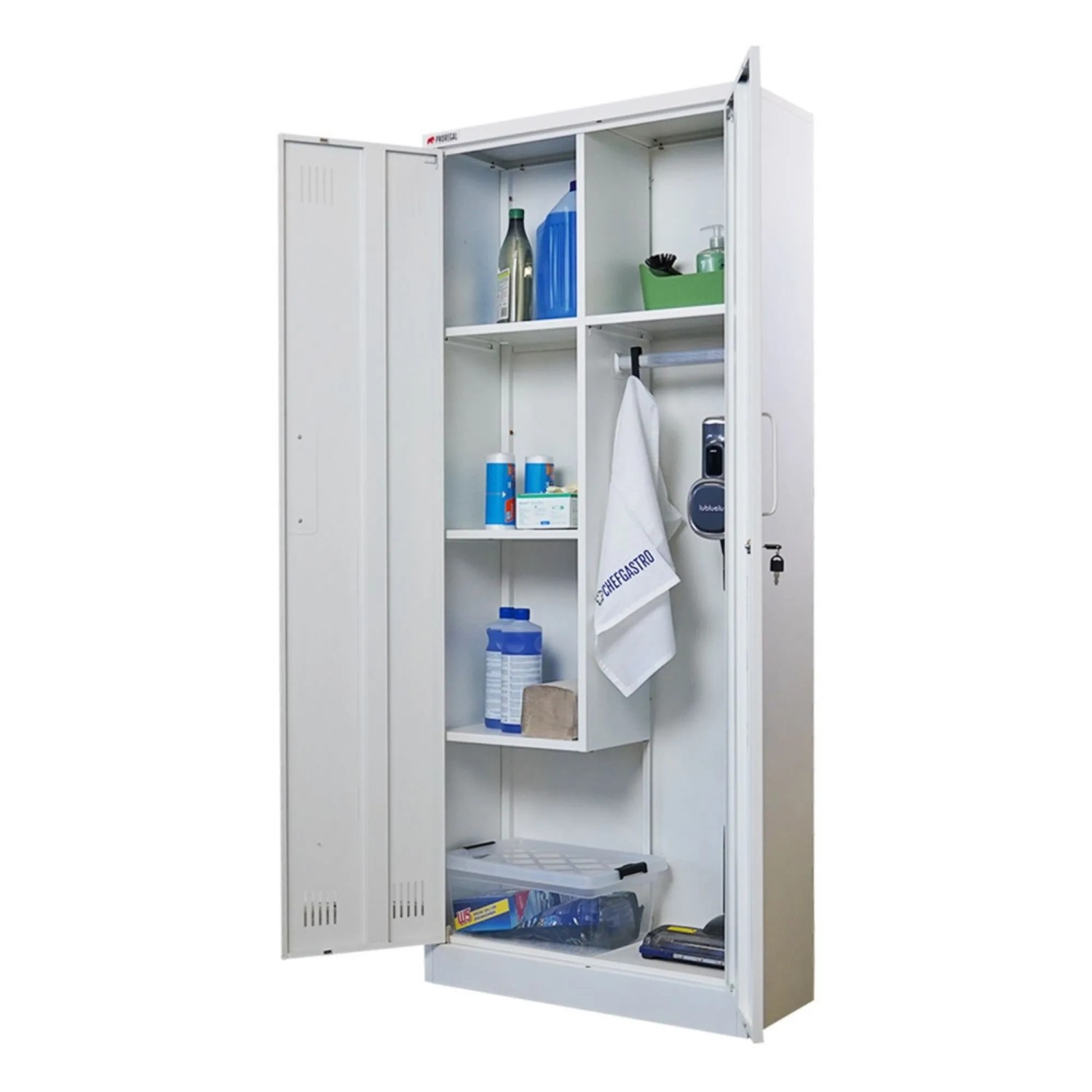 PROREGAL Flügeltürenschrank Rhino Mit 2 Türen Abschließbar HxBxT 170x70x30cm 5 Fächern & Kleiderstange Stahl Pulverbeschichtet Weiß Putzmittelschrank_7