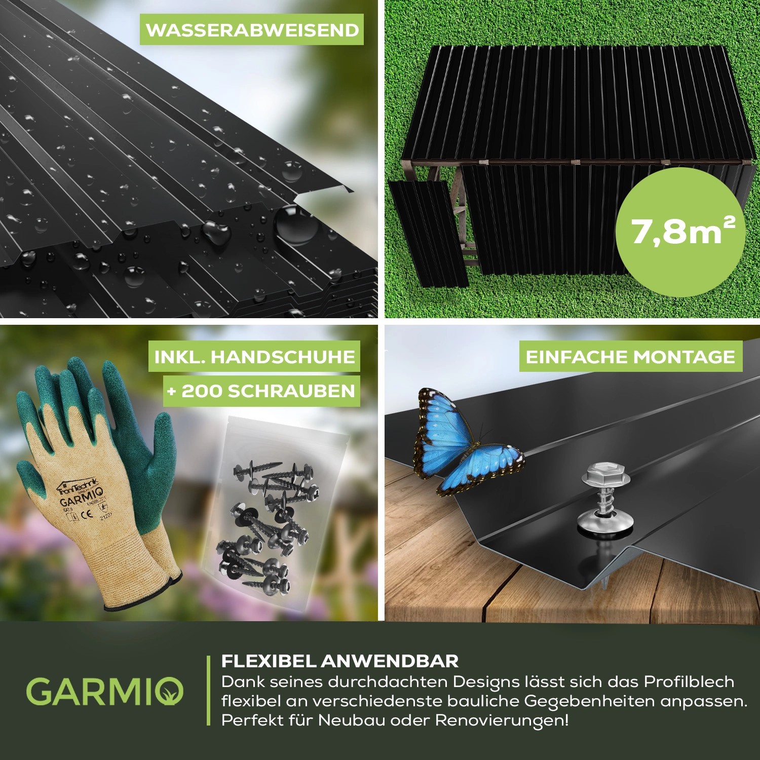 Garmio Profilblech Set, 15 verzinkte, schwarze Dachbleche (115x45 cm) inkl. Schrauben und Handschuhe.