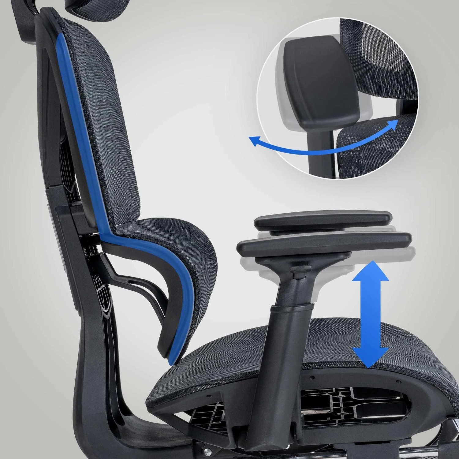 Detailansicht: Ergonomischer DELUKE Bürostuhl OLYMPO mit verstellbaren Armlehnen und Kopfstütze.