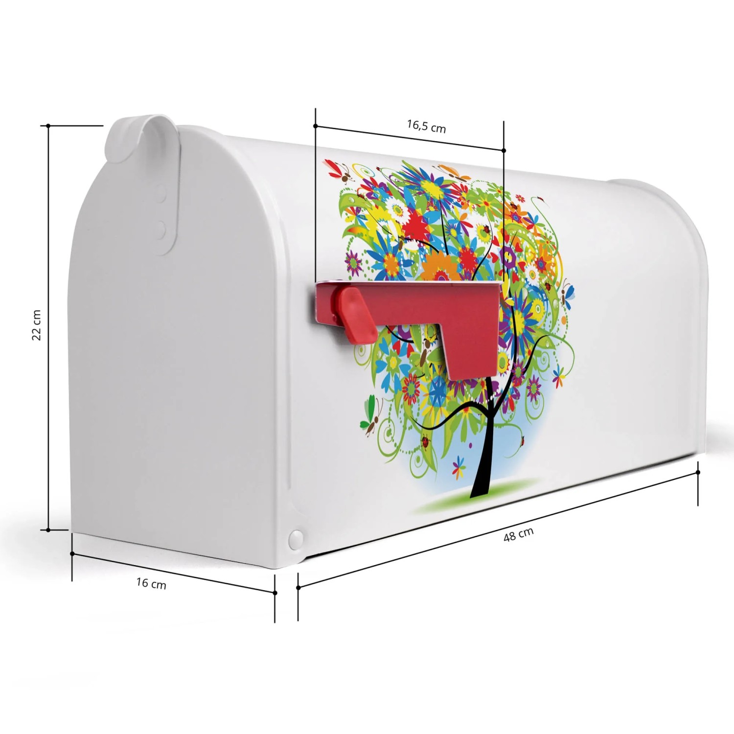 Weißer Banjado US Briefkasten mit Motiv Märchenzauberbaum und roter Fahne, Maße 48x22x16cm.