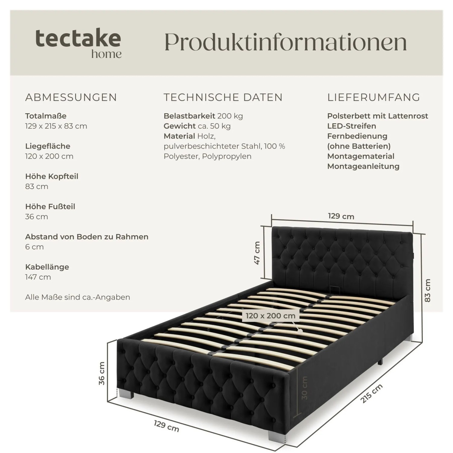 Tectake Polsterbett Sedona In Samtoptik Mit Steppmuster Indirekte Led Beleuchtung An Den Seiten 120 x 200 cm 215 x 129 x 83 cm Samtoptik Schwarz_6