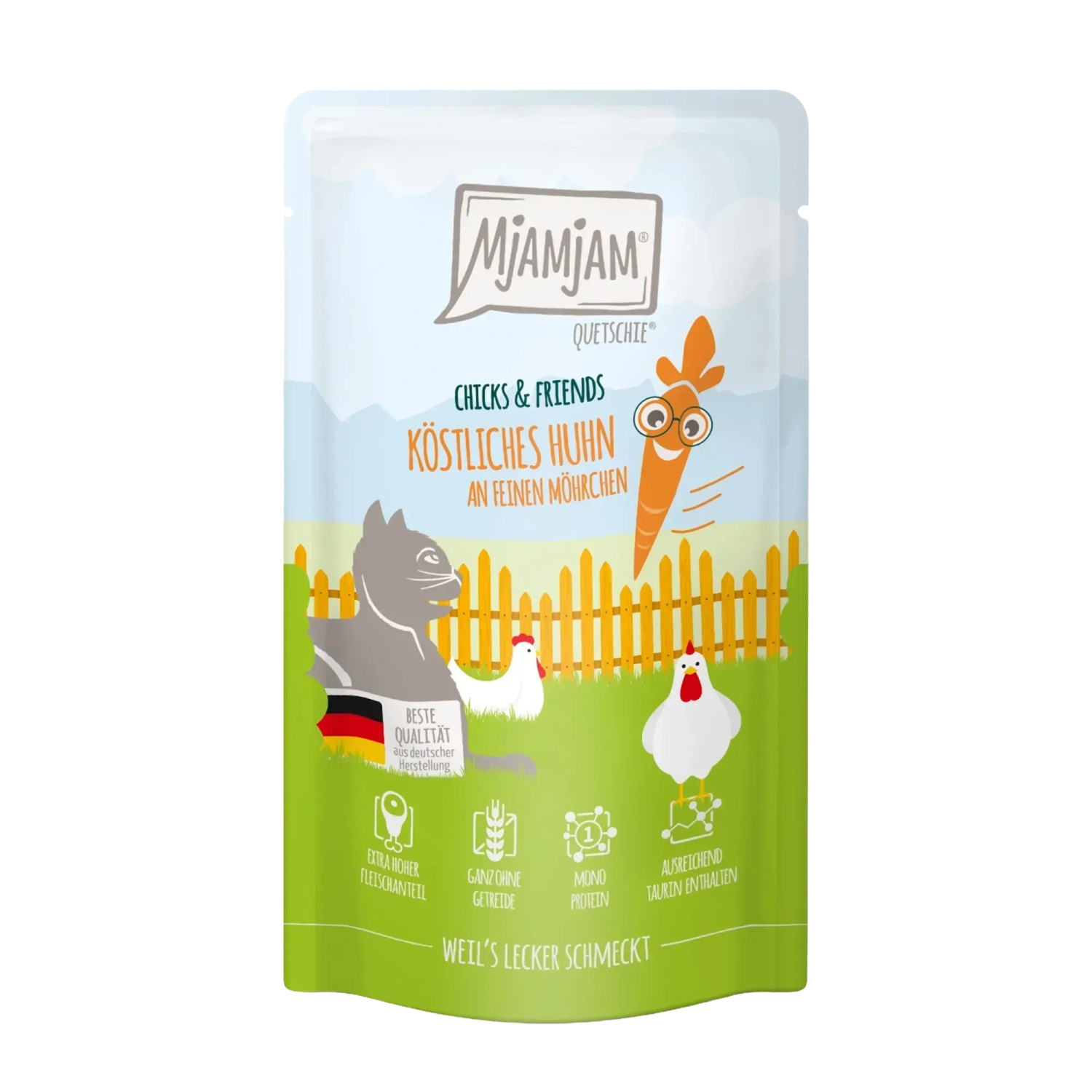 Mjamjam Katzen-Nassfutter Quetschie Chicks & Friends Huhn & Möhrchen 125 g