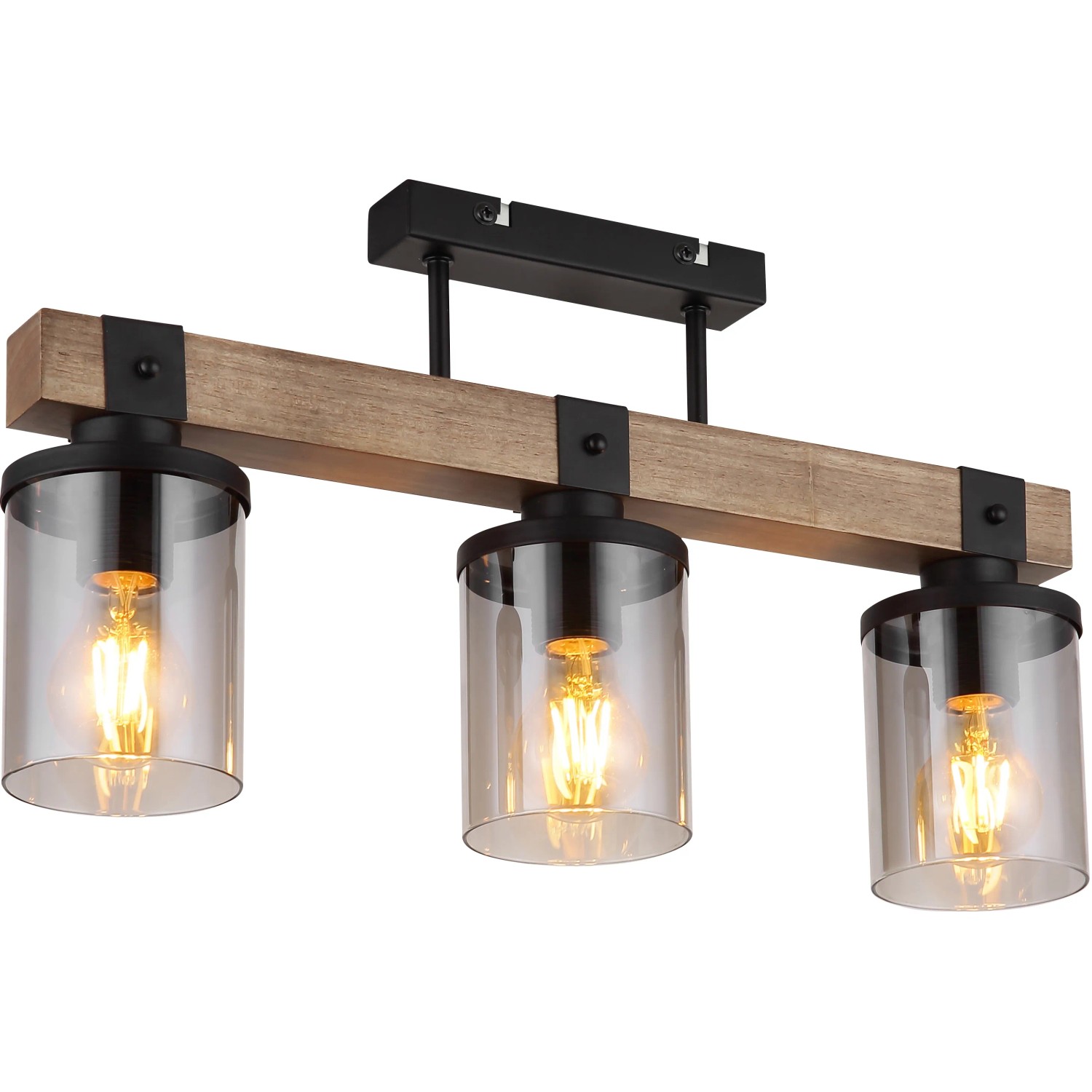 Globo Deckenleuchte, 3-flammig, schwarz matt, Rauchglas, Holz, 520x100x286 mm. Moderne Wohnraumleuchte.