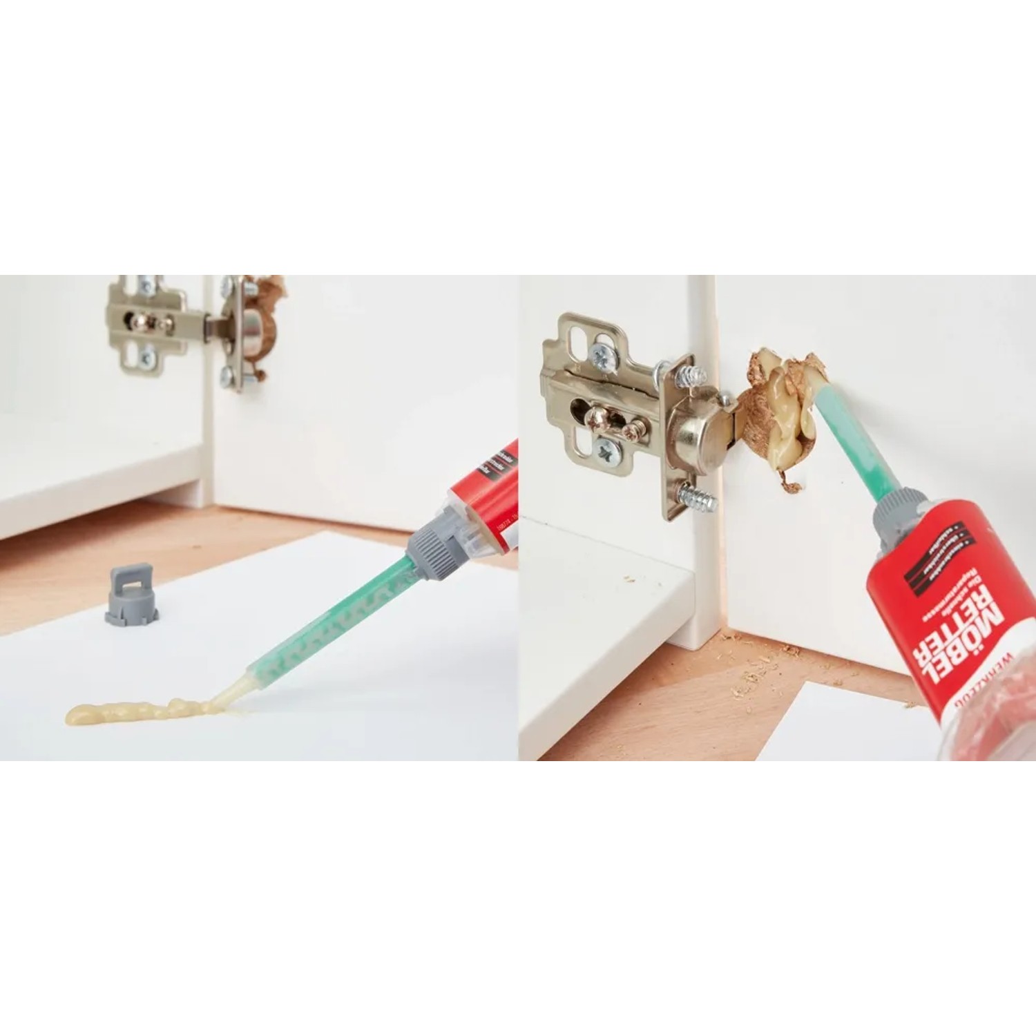Anwendung Fischer Möbelretter: Reparatur von Möbeln mit Kleber, speziell für Holz und Scharniere.