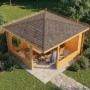 Imprägnierte 5-Eck Gartenlaube Maik-40 aus Holz, 425x425 cm, mit Spitzdach und Sitzgruppe im Garten.