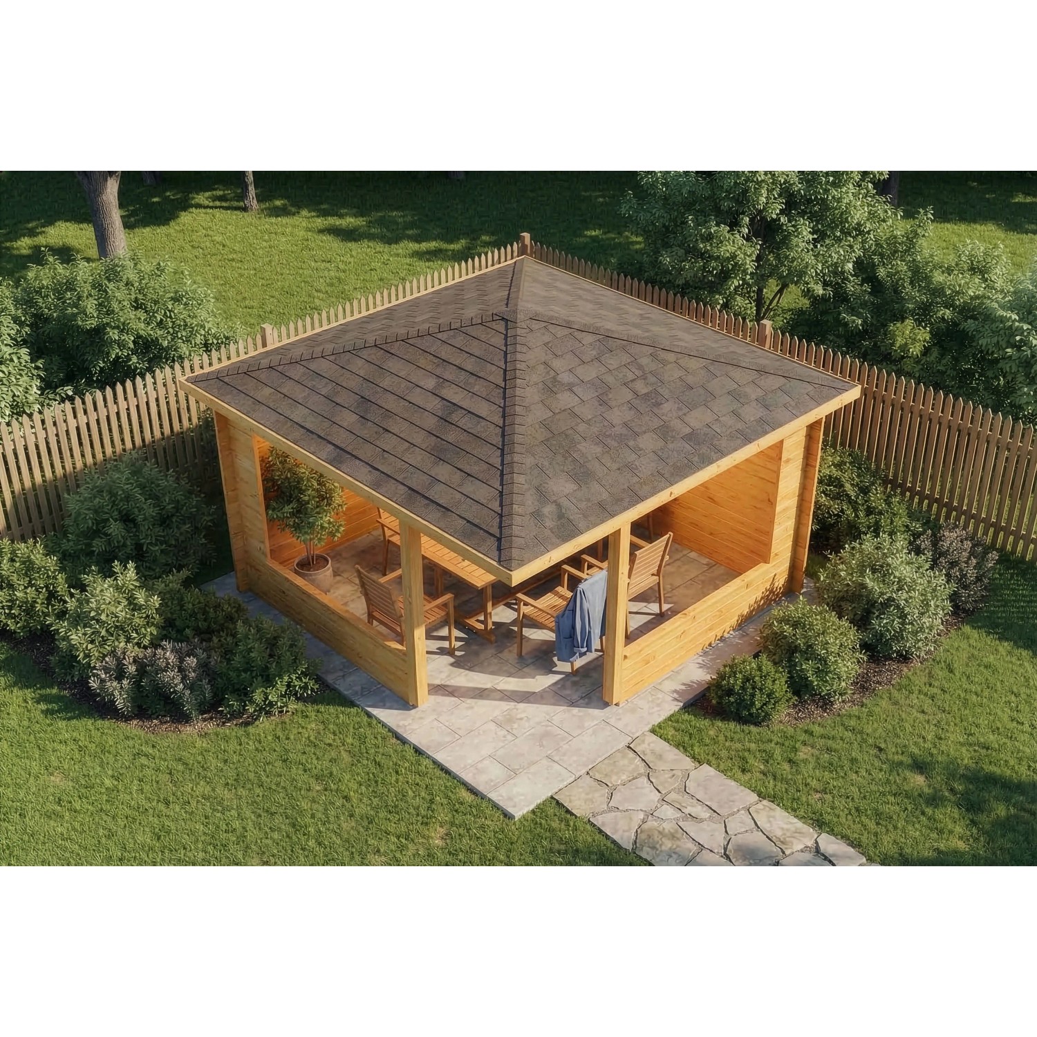 Imprägnierte 5-Eck Gartenlaube Maik-40 aus Holz, 425x425 cm, mit Spitzdach und Sitzgruppe im Garten.