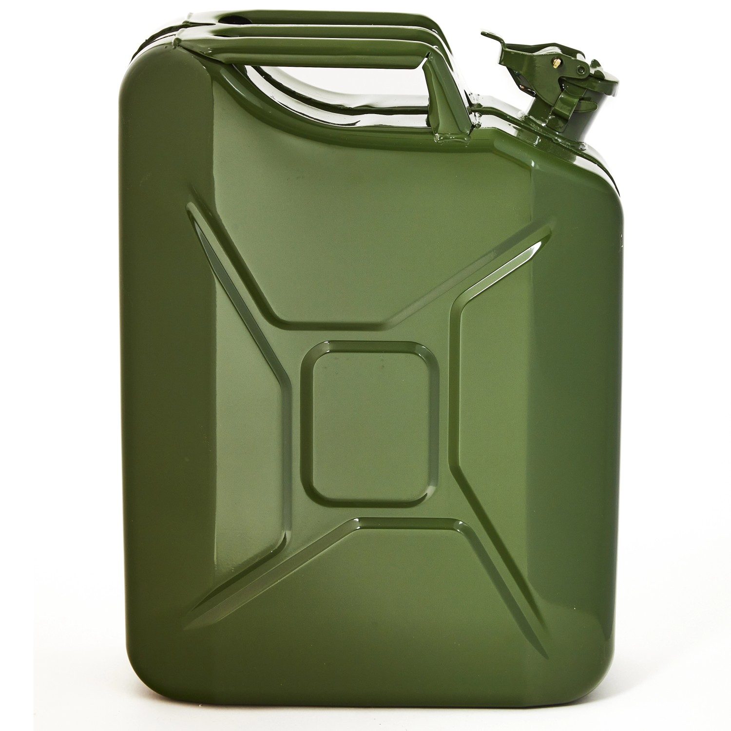 Olivgrüner 20 Liter BW Kraftstoffkanister aus Metall, TÜV-geprüft und UN-Zulassung.