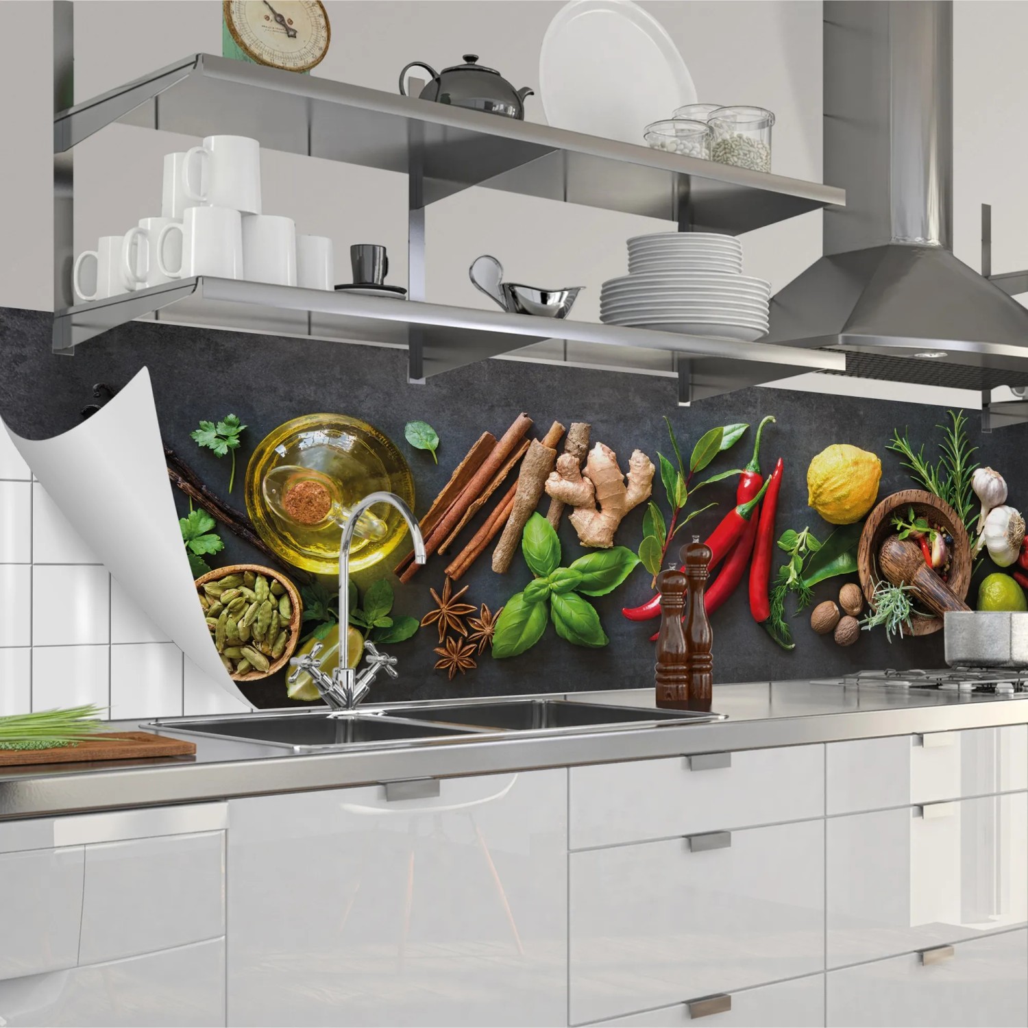 Küchenrückwandfolie Fresh Spice mit Gewürz-Motiv, selbstklebend, 280x60 cm.