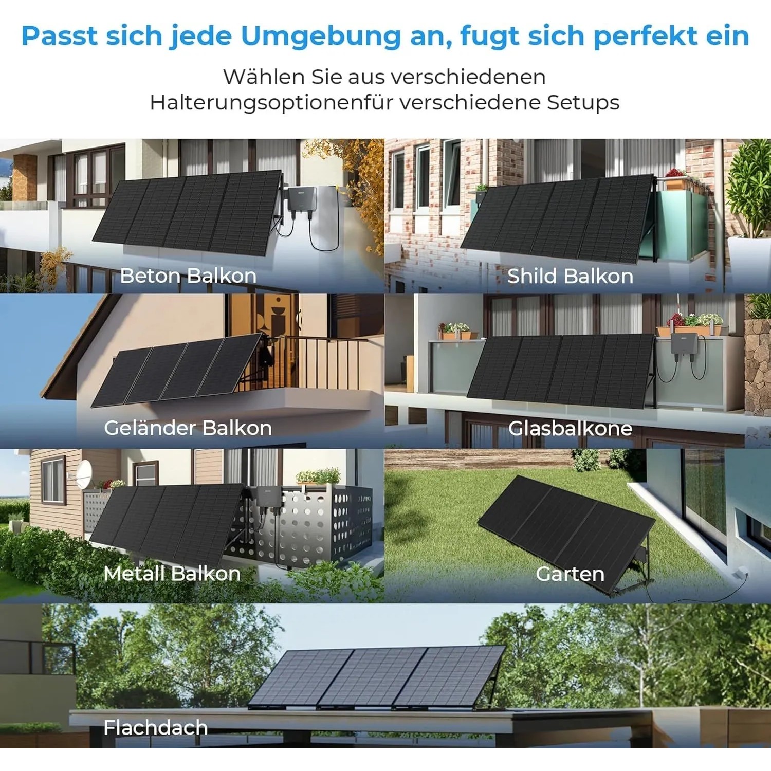 SUNSHARE Solarmodul 200W, verschiedene Montageorte für Balkonkraftwerke.