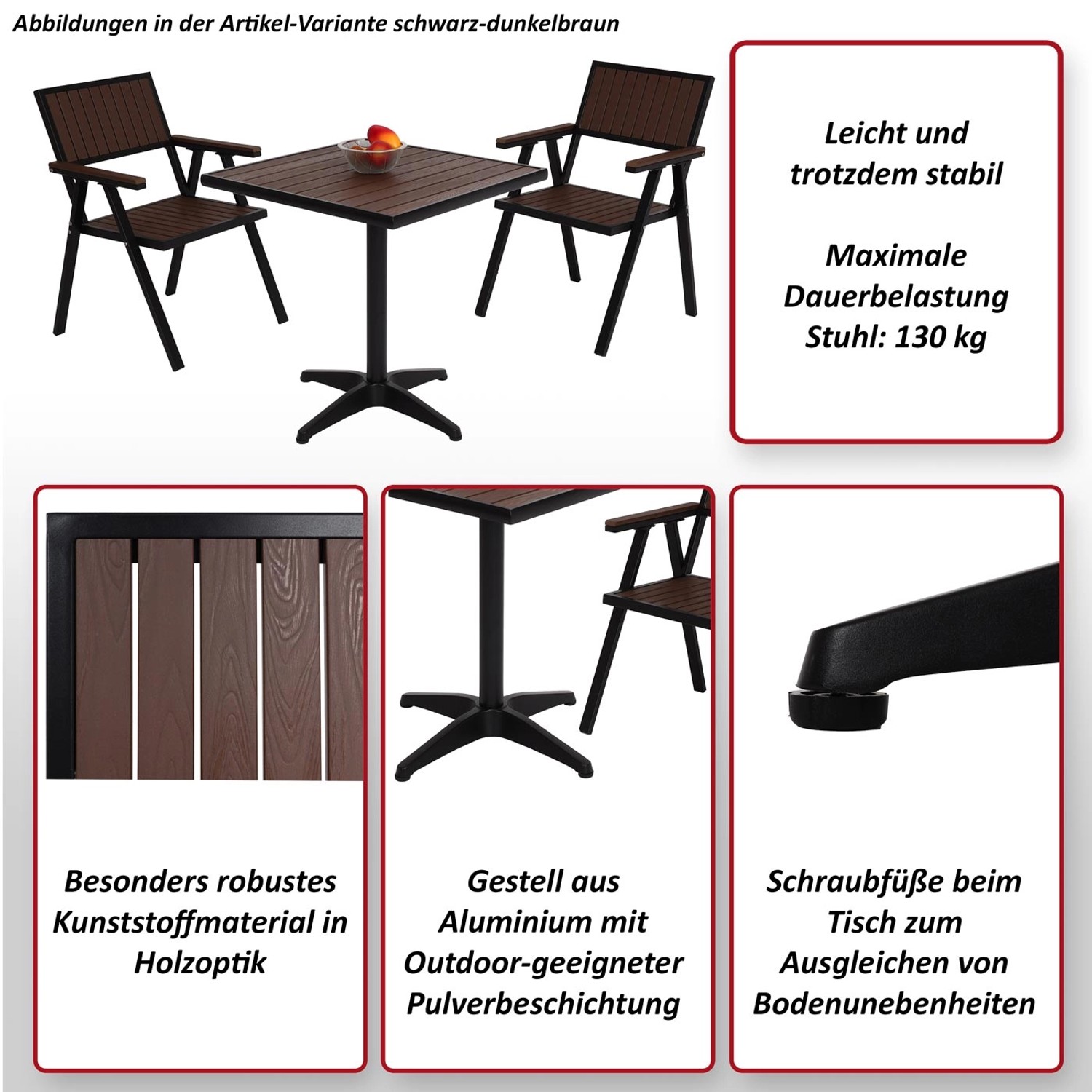 MCW 2er-Set Gartenstuhl mit Tisch, schwarz-grau. Gartenmöbel Set mit robustem Aluminiumgestell und Holzoptik.