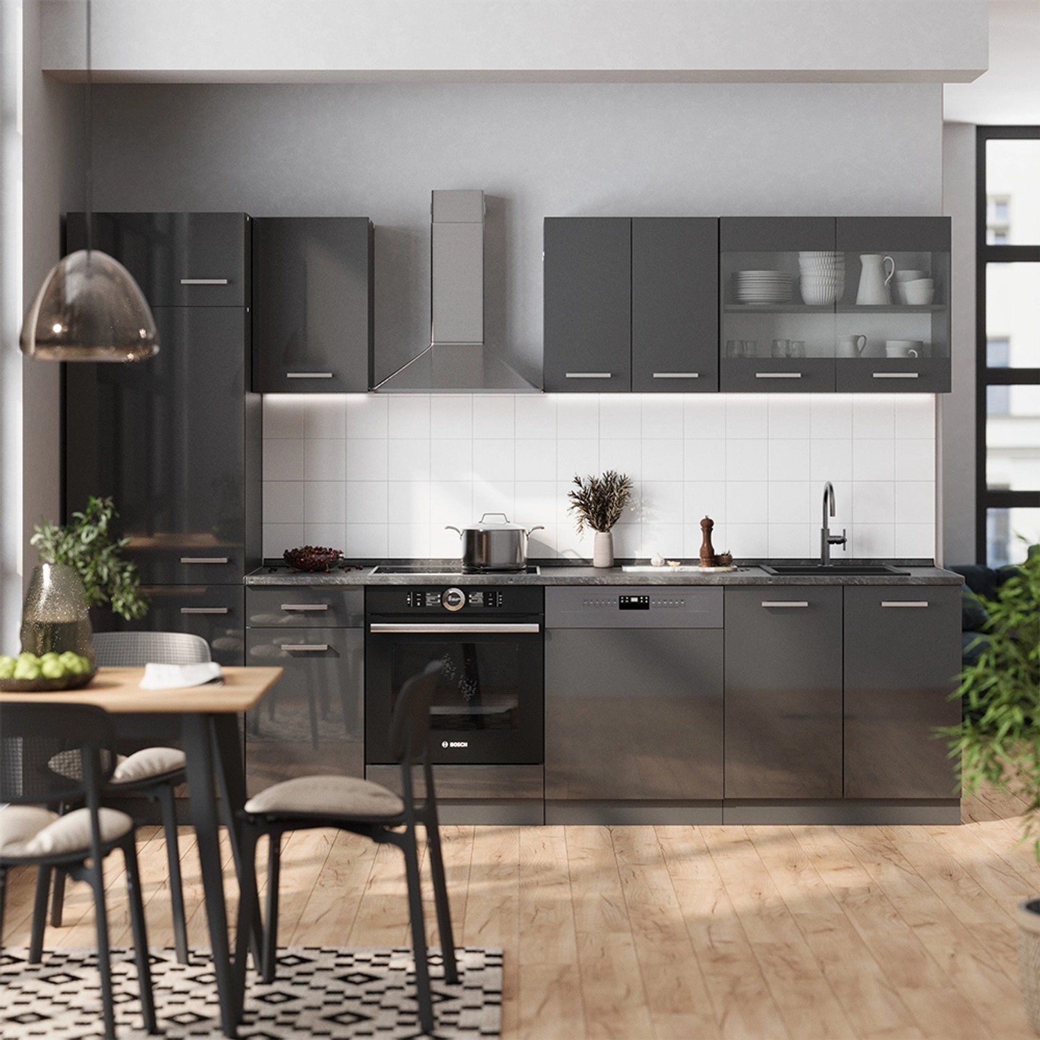 Moderne Vicco R-Line Küchenzeile in Anthrazit Hochglanz, 300 cm breit, ohne Arbeitsplatte.