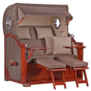 Strandkorb Westerland Mahagoni mit Bullauge, PE Grey, Dessin 534. Edle Wohlfühloase für Garten und Terrasse.