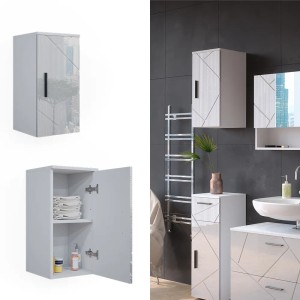 Vicco Badschrank Irma, weiß hochglanz, hängend, mit geöffneter Tür und Innenansicht.