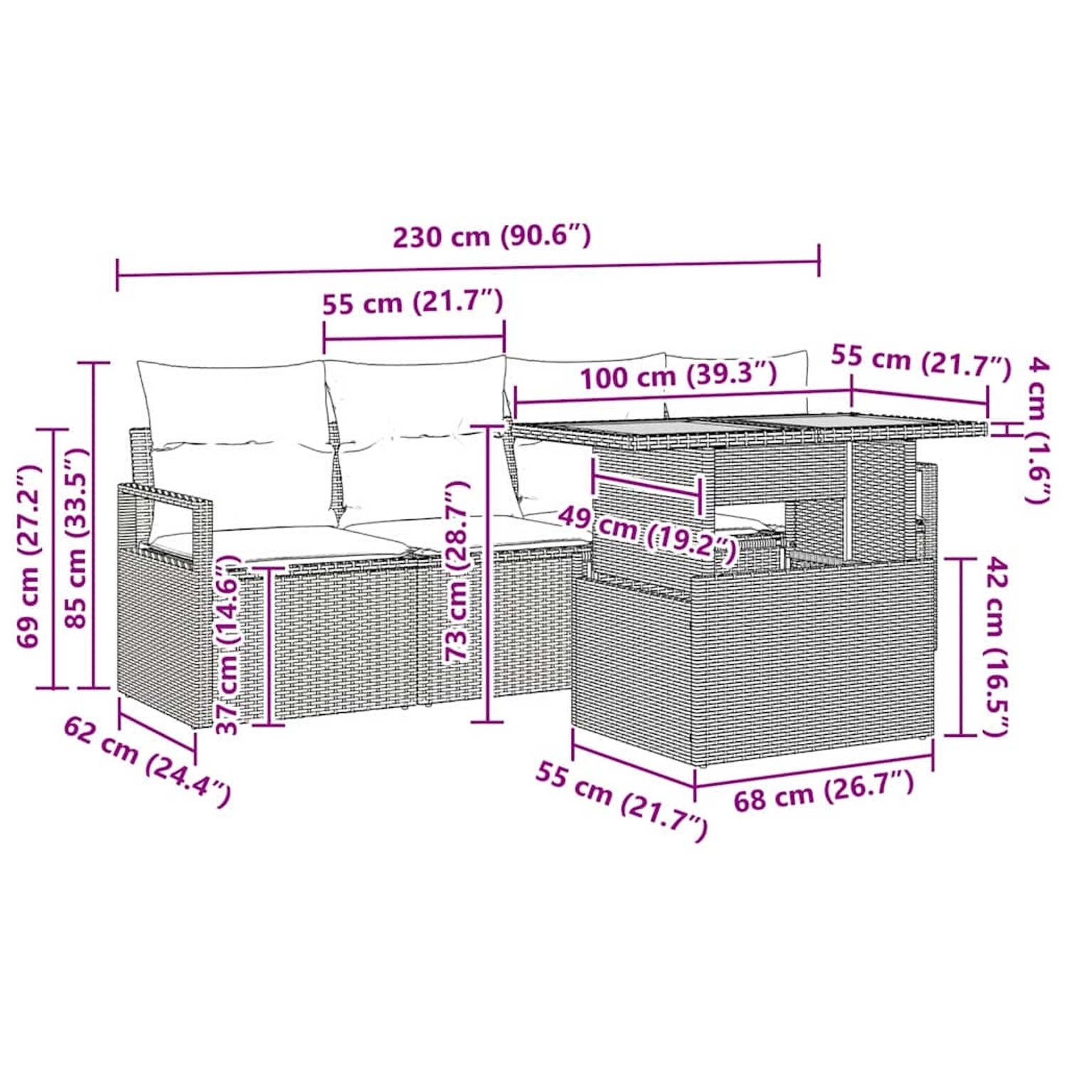 vidaXL Garten-Sofa-Set 5-tlg grau Poly Rattan mit Maßangaben für Abmessungen.