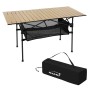 Faltbarer Hauki Campingtisch, beige Tischplatte in Holzoptik, mit Tragetasche und Stauraumnetz.