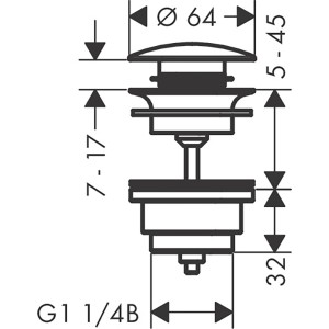 Technische Zeichnung Hansgrohe Push-Open Ablaufgarnitur für Waschtisch/Bidet, Maße und Details.