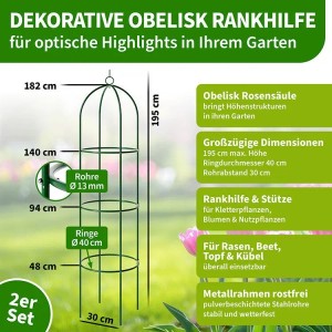 TTL GARDEN Obelisk Rankhilfe XL 195 x 40 cm 2er Set Metall Pulverbeschichtet Rankgitter Rosensäule Kletterhilfe für Rosen Clematis
