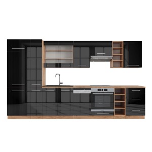 Vicco Fame-Line Küchenzeile, 355 cm, Anthrazit Hochglanz/Goldkraft Eiche, mit Spüle, Herd und Oberschränken.