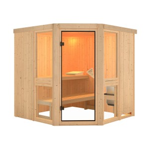 Karibu Sauna Anina 2 aus naturbelassenem Holz mit Glastür und Fensterelementen.