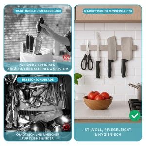 CHEFGASTRO Magnetleiste Magnetische Messerleiste Messerhalter Aus Stahl 4x40x1,6cm Mit 3 Silbernen Haken Silber Extra Stark