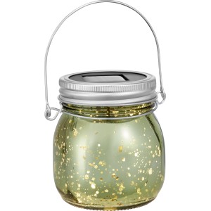 Grüne LED Solar-Dekoleuchte aus Glas mit Aufhängebügel, Ø 8 cm x 9 cm. Solarleuchte für Garten und Balkon.