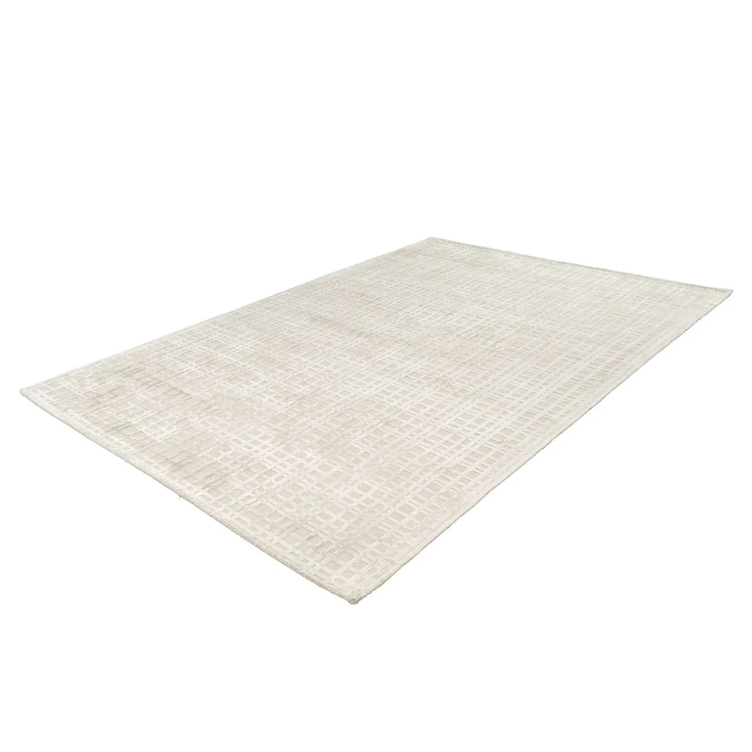 Beige-silberner Kurzflor Teppich (80x150 cm) mit grafischem Muster. Weicher Viskose Teppich für Wohnräume.