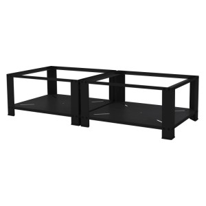 Schwarzes Doppel Waschmaschinen Untergestell aus Stahl mit 2 Ablagen für sicheren Stand und ergonomisches Beladen.