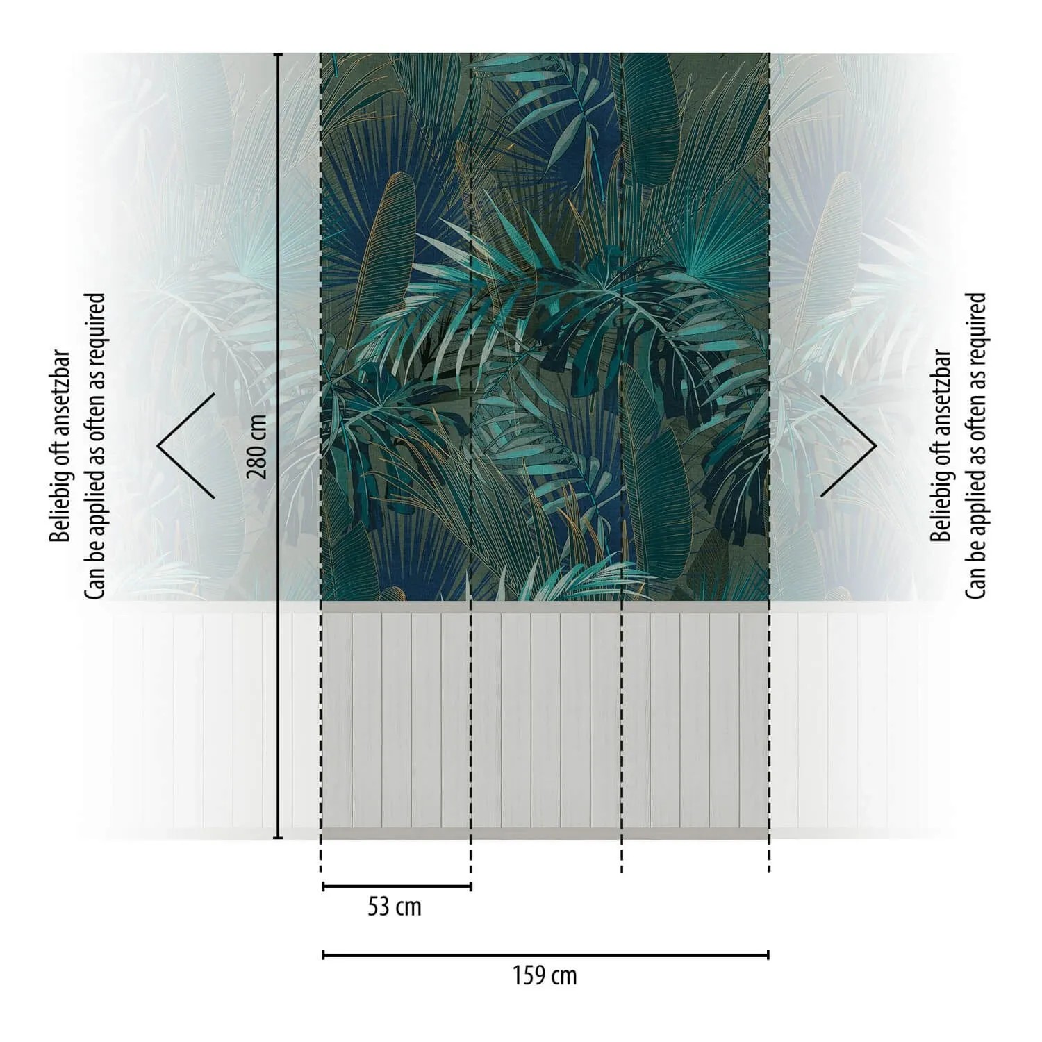 Fototapete Dschungel in Grün, Petrol, Grau und Blau, 1,59 m x 2,8 m. Palmen und Blätter im tropischen Design.