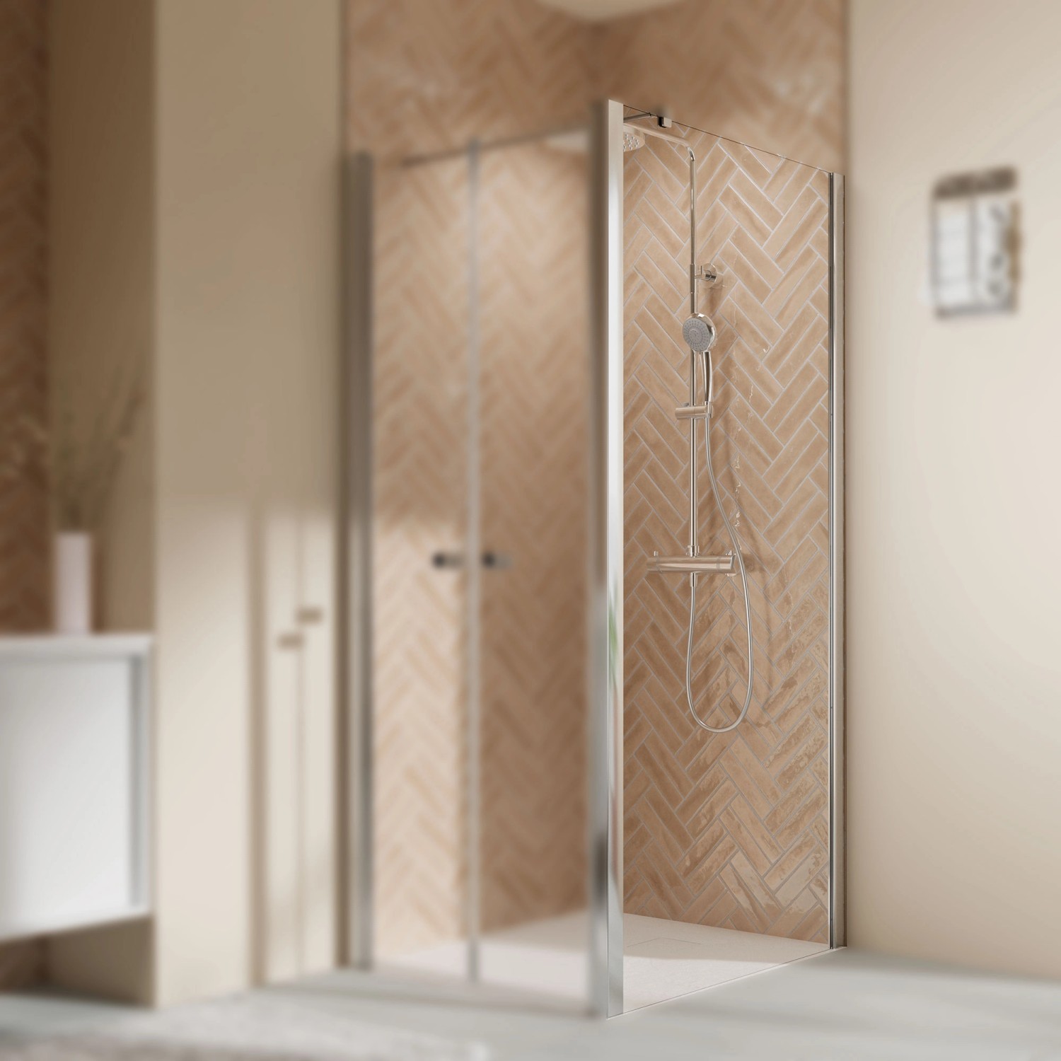 Seitenwand Elana 2.0 für Pendeltür, Klarglas mit Chrom-Effekt, 80 cm, Anschlag rechts.