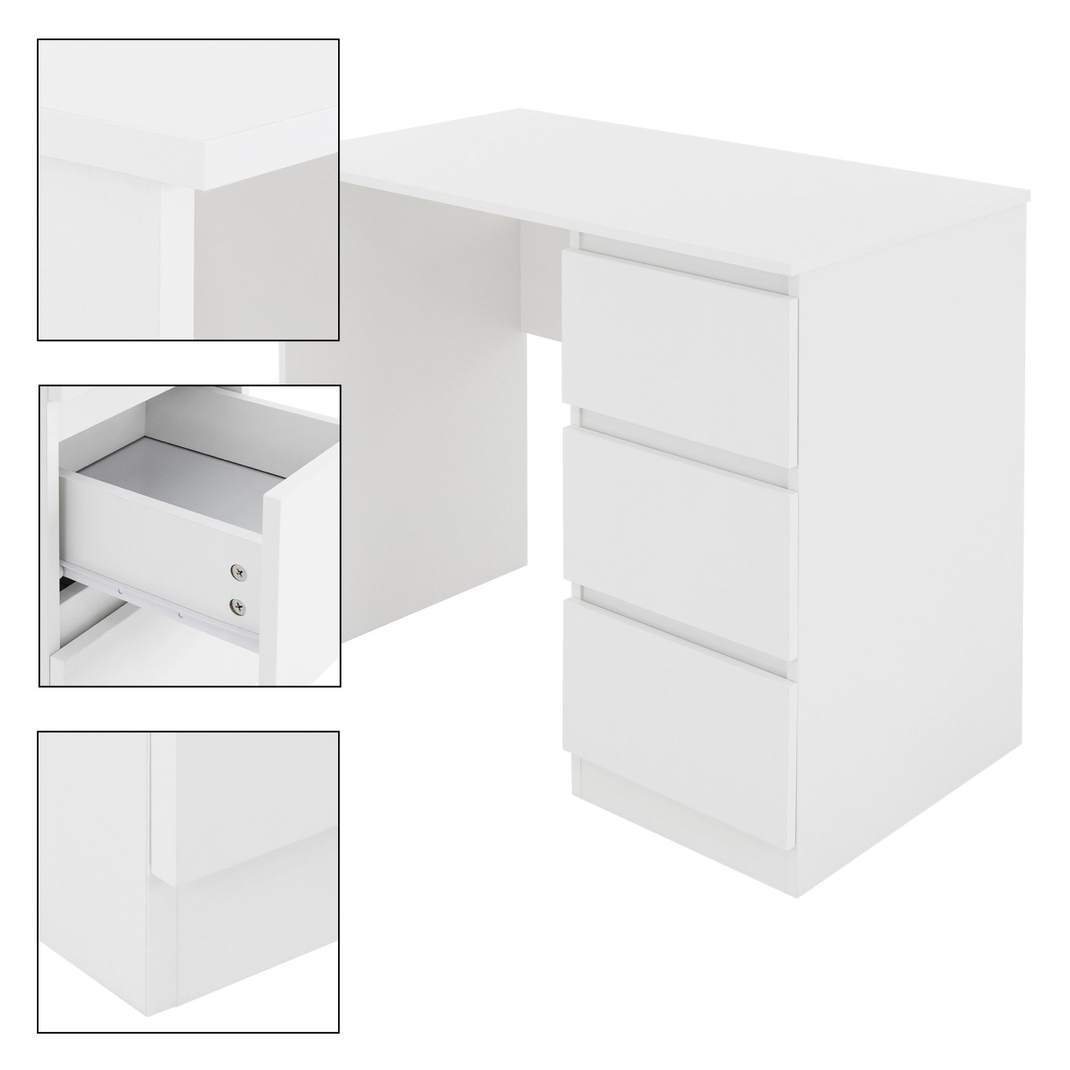 Weißer ML-Design Schreibtisch mit 3 Schubladen, 90x76x50 cm, für Büro oder Jugendzimmer.