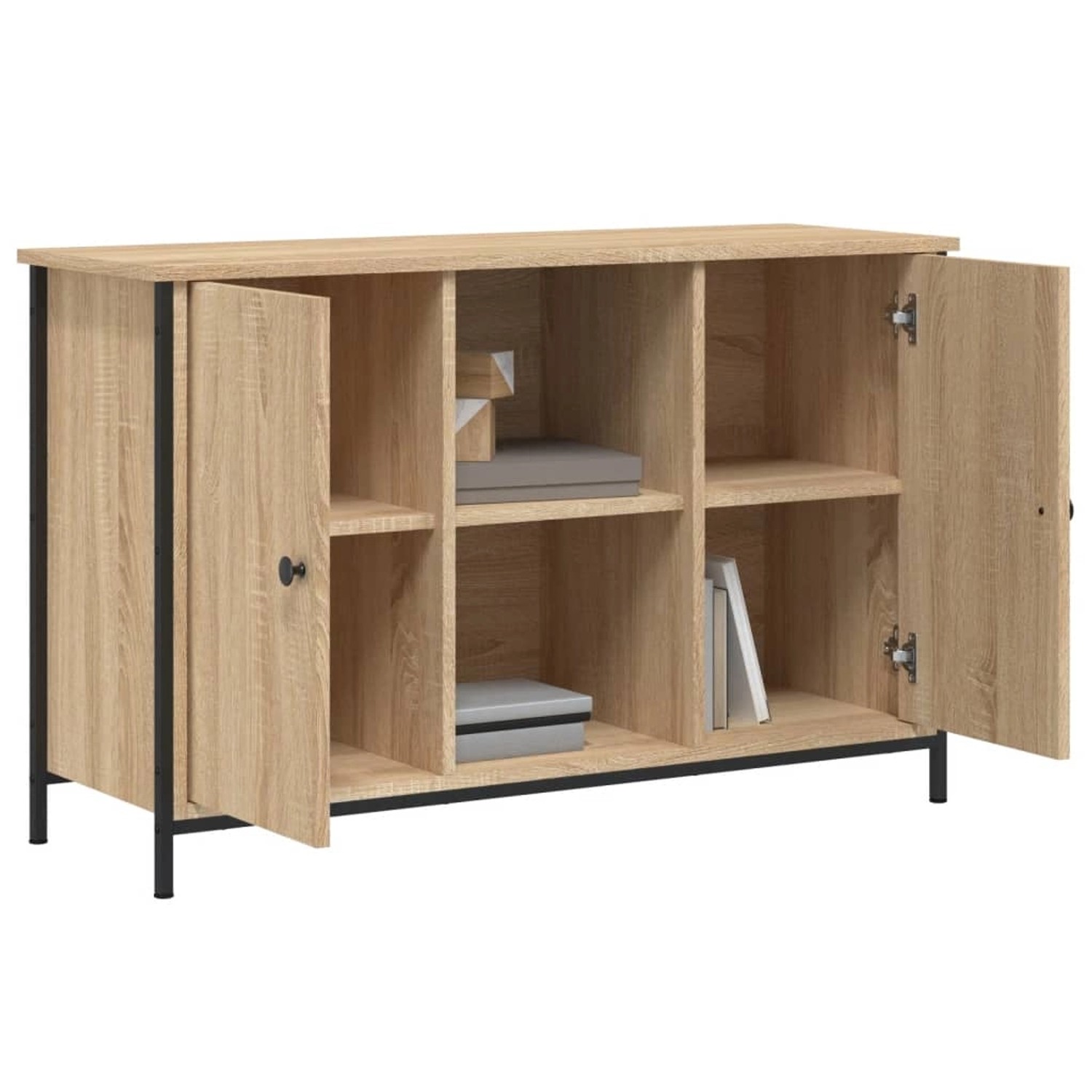 VidaXL TV-Schrank Sonoma-Eiche, 100x35x65 cm, mit offenen Fächern und Türen. Wohnwand aus Holzwerkstoff mit schwarzen Metallbeinen.