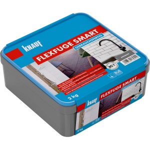 Knauf Flexfuge smart Anthrazit, 2 kg, gebrauchsfertige Fugenmasse im grauen Eimer mit blauem Deckel.
