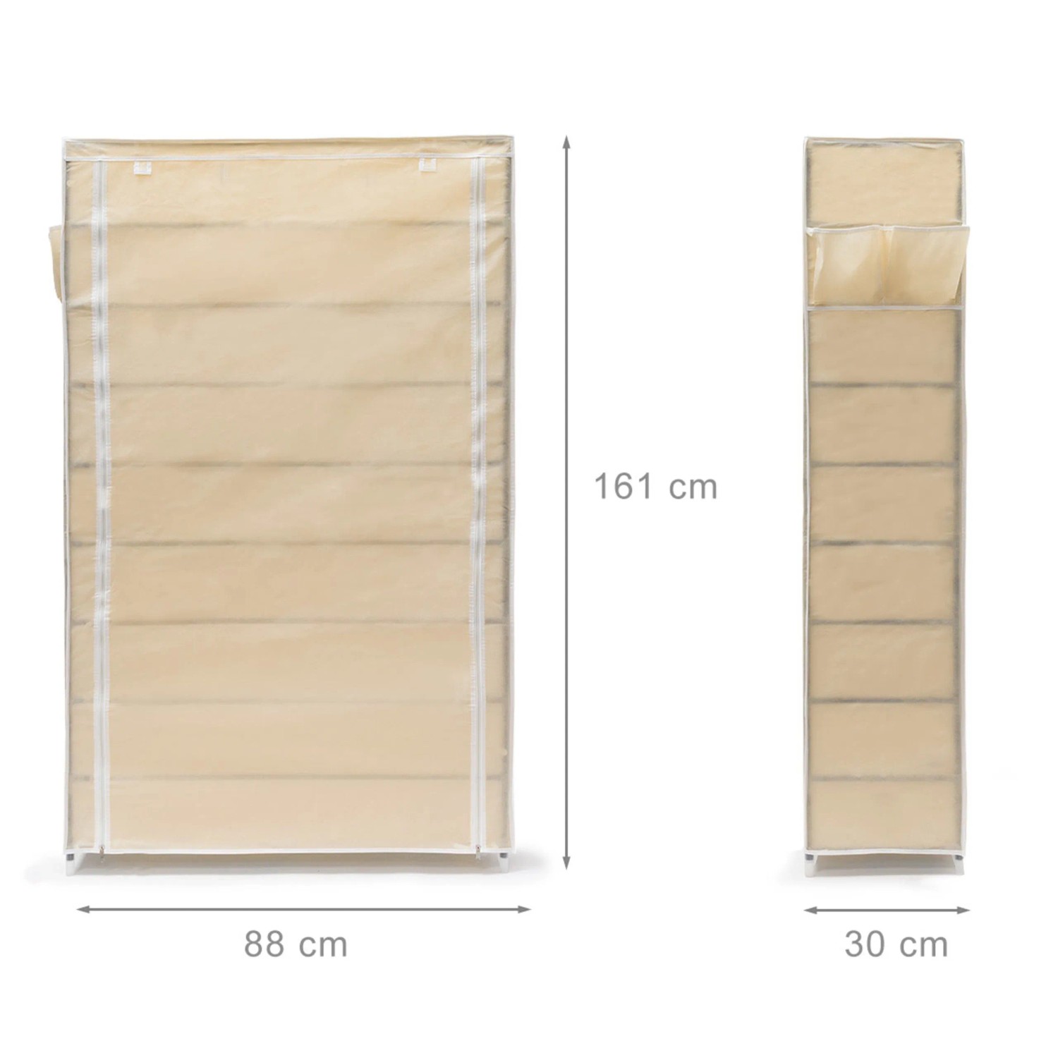 Beiger Relaxdays Schuhschrank Valentin aus Stahlrohr und Vlies, 161x88x30 cm, mit 9 staubsicheren Ebenen für 45 Paar Schuhe.