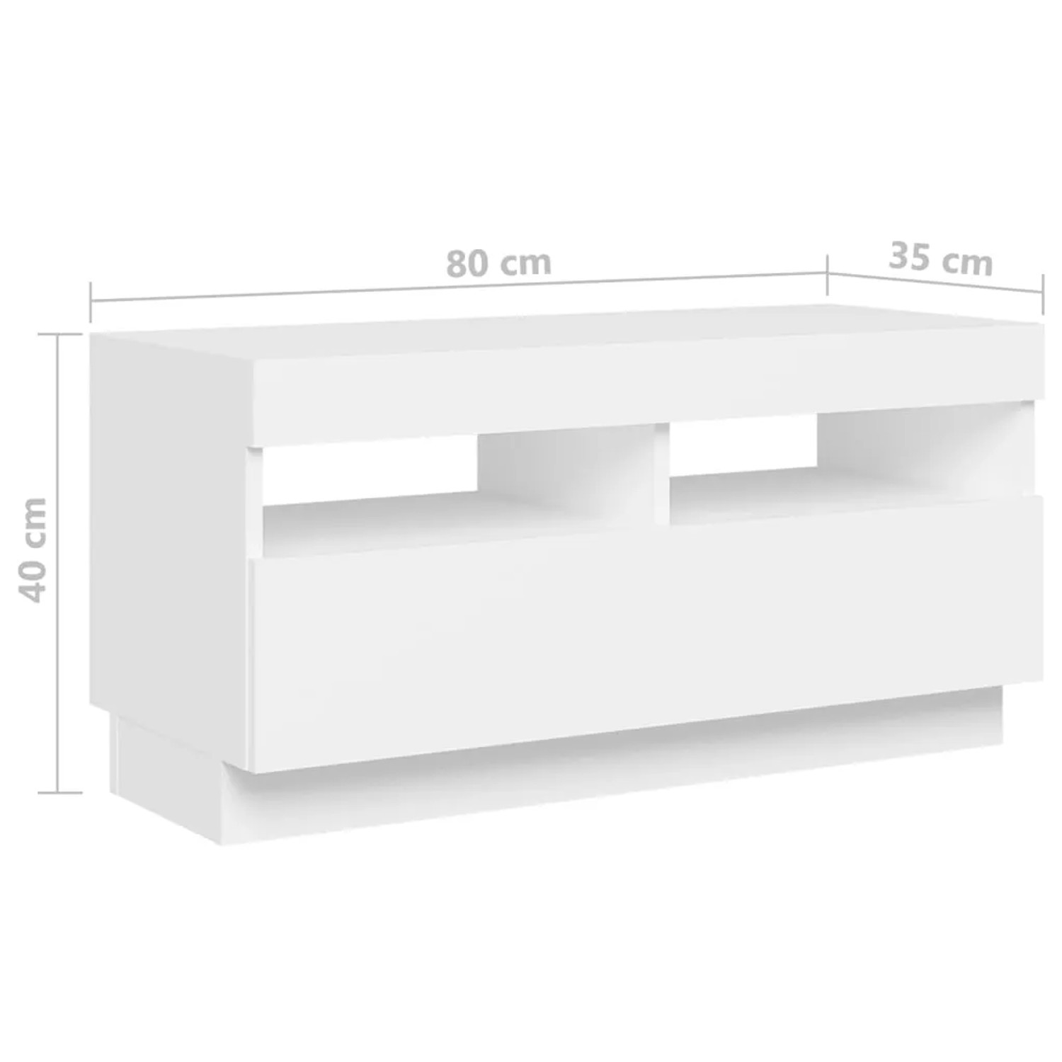 Weißer TV-Schrank (180x35x40 cm) mit LED-Beleuchtung.