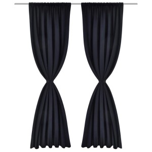 Schwarze vidaXL Verdunkelungsvorhänge (135x245 cm) mit Schlaufen und Bindebändern.