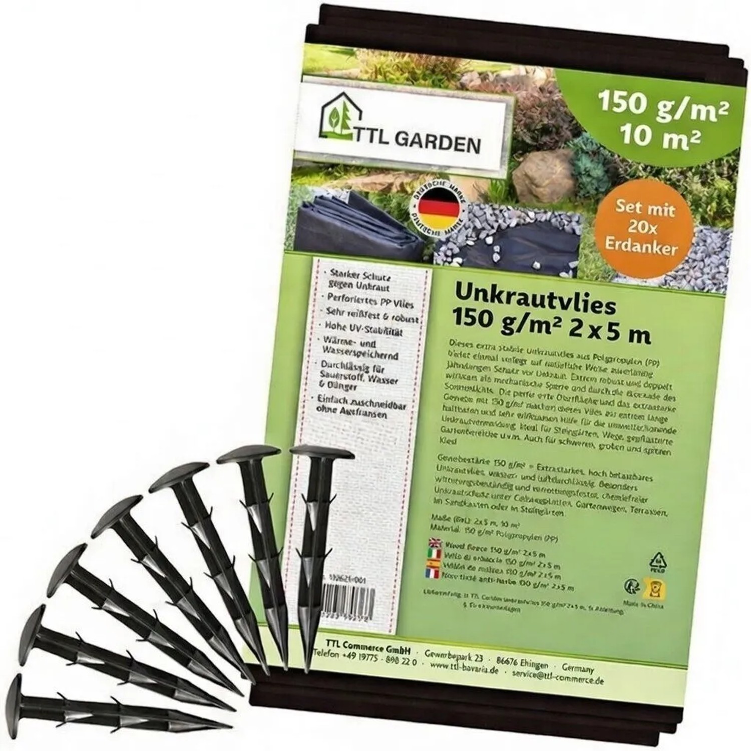 TTL GARDEN Unkrautvlies 150g/m² 2x5m 10m² Schwarz inkl. 20x Erdanker 12cm Extra Starkes Gartenvlies gegen Unkraut