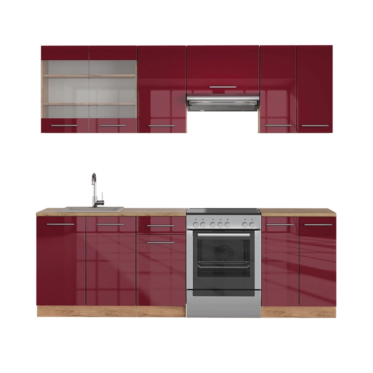 Vicco Fame-Line Küchenzeile Bordeaux Hochglanz/Goldkraft Eiche 240 cm ohne günstig online kaufen