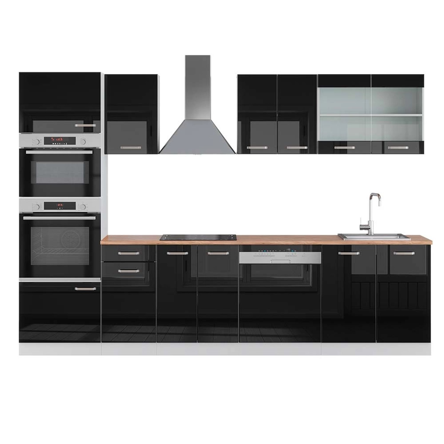 Vicco R-Line Küchenzeile Schwarz Hochglanz/Weiß 300 cm mit HochschrankAP Ei günstig online kaufen