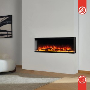 Kaminio Elektrokamin LEA 3in1, Panorama-Elektrokamin mit 3D-Flammeneffekt, an Wand montiert.