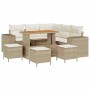 Beiges 9-teiliges Garten-Sofa-Set aus Poly Rattan mit Tisch und Hockern.