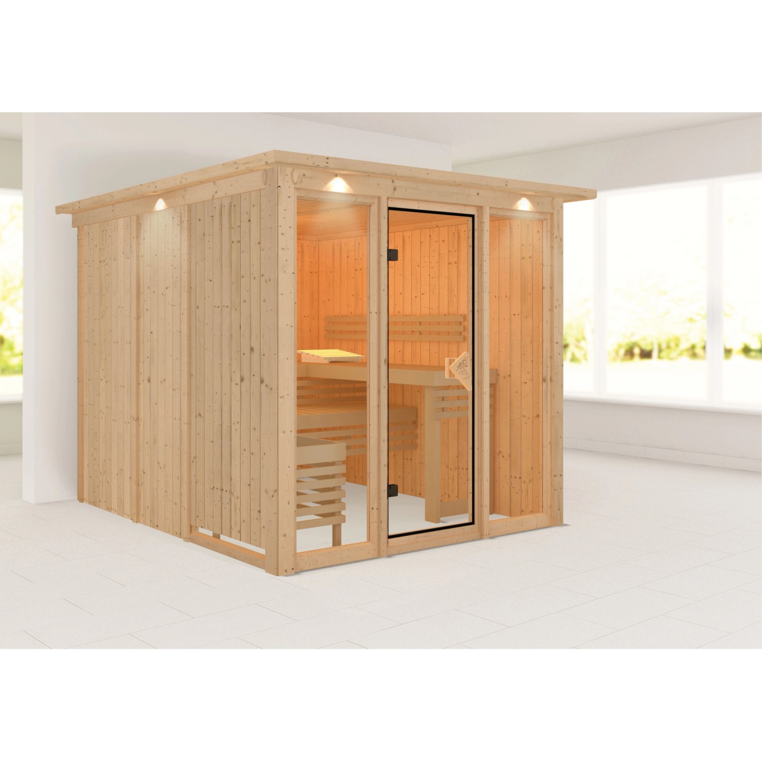 Karibu Sauna Svava Glasfront mit Kranz Natur günstig online kaufen