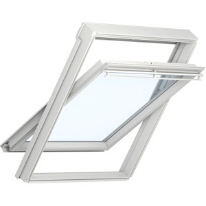 Velux Schwingfenster VU Y45 0081, Kunststoff weiß, 75x124 cm, geöffnet.