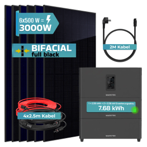 SUNNIVA Balkonkraftwerk 3000W mit Solarspeicher (7,68 kWh), Wechselrichter und 6 bifazialen Solarmodulen.