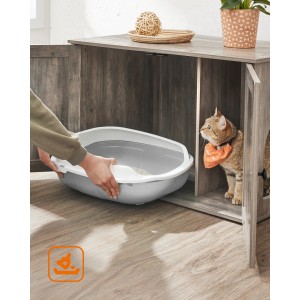 Feandrea Katzenklo-Schrank in Greige mit Katze und herausnehmbarer Katzentoilette.