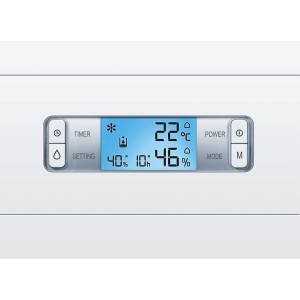 Detailansicht des Displays vom Beurer Luftentfeuchter LE 40 Weiß mit Anzeige von Temperatur und Luftfeuchtigkeit.