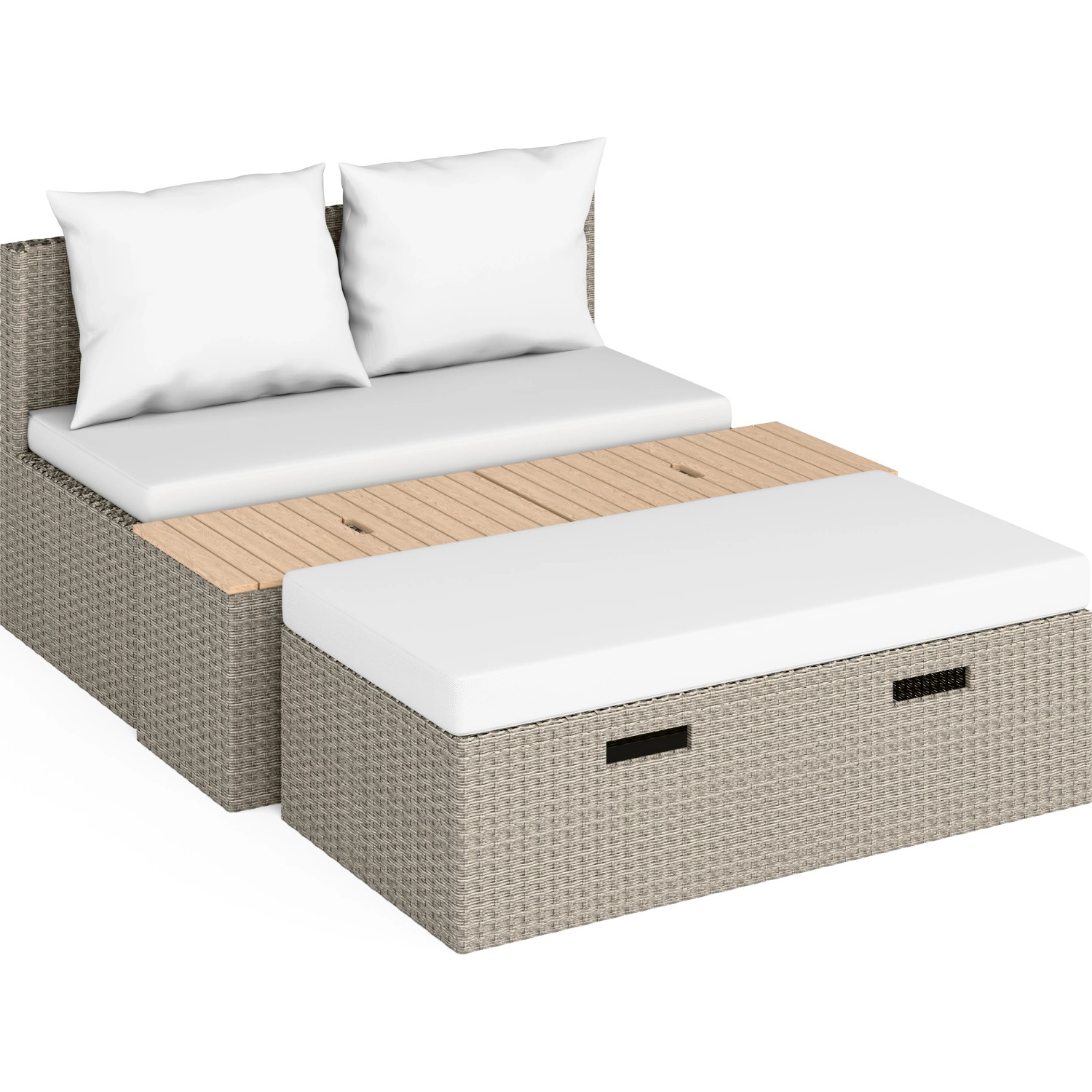 4-teiliges Lounge-Set Bostonia aus Polyrattan in Hellbraun mit weißen Polstern.