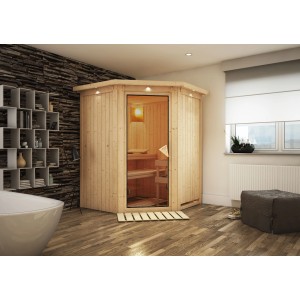 Karibu Sauna Lyra mit LED-Dachkranz aus Naturholz, Eckeinstieg mit Glastür und Bänken.