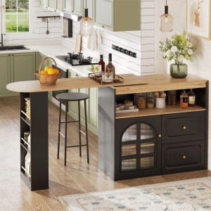 Merax 360° Drehbarer Bartisch  2 Schubladen  Snackregal  Ablagefach  Glas  Schwarz