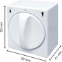 Weißer Schellenberg Rollladenschalter Aufputz mit Drehknopf und Maßangaben.